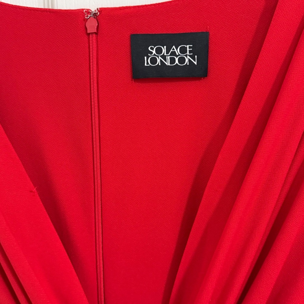 Solace London Lorena Midi Dress Women 8 Red Plunge Knot Draped Cocktail Formal - Picture 8 of 14